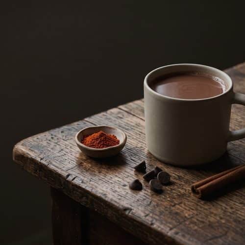 A mug of spicy hot chocolate on a wooden table with a dish of cayenne, a cinnamon stick and chocolate chips
