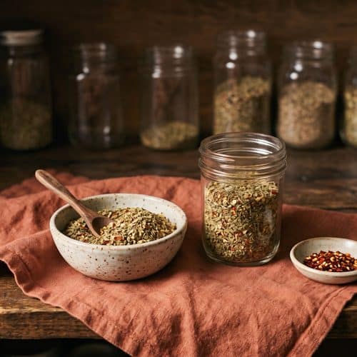 A speckled bowl of spicy Italian seasoning with a small wooden spoon, a glass jar of the blend and a dish of crushed red pepper on a terracotta cloth, with spice jars on the shelf behind