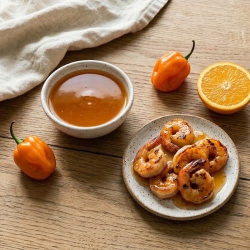 A small bowl of glossy orange habanero sauce beside a plate of glazed grilled shrimp, with two whole habaneros and half an orange on an oak table