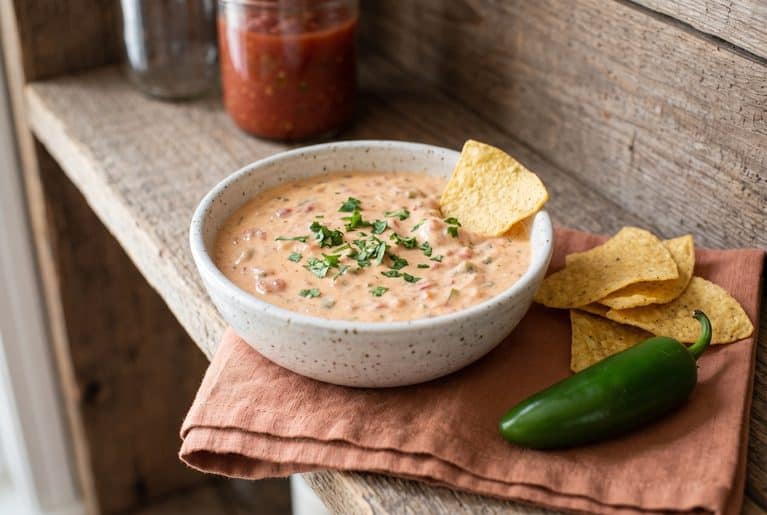 A speckled bowl of warm salsa and cream cheese dip topped with cilantro, with corn tortilla chips, a jalapeño and a jar of salsa on a wooden shelf