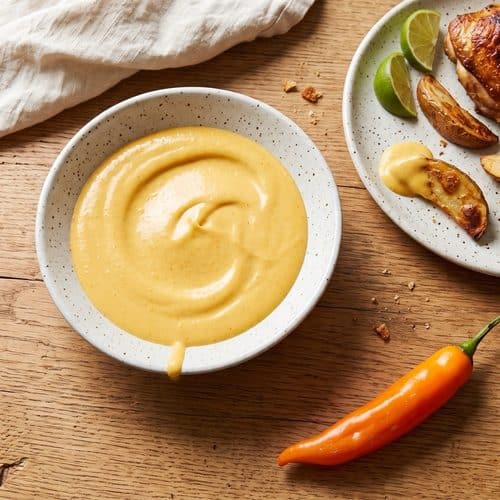 A speckled white bowl of creamy golden aji amarillo sauce on an oak table, next to a plate of roast chicken, potato wedges and lime, with one wedge dipped in the sauce and a fresh orange aji amarillo pepper beside it.