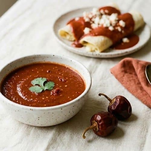 A bowl of brick-red cascabel sauce topped with cilantro, with sauced cheese enchiladas and two dried cascabel chiles on a cream tablecloth