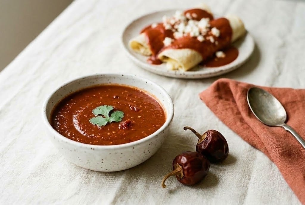 A bowl of brick-red cascabel sauce topped with cilantro, with sauced cheese enchiladas and two dried cascabel chiles on a cream tablecloth