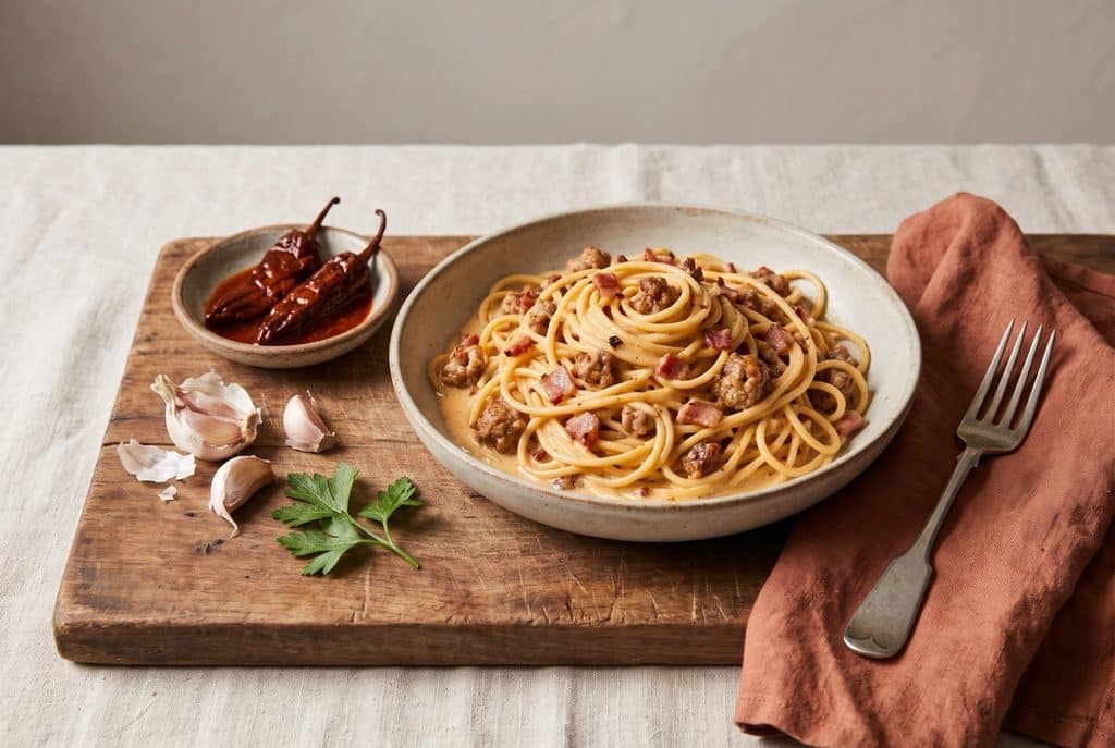 A bowl of spaghetti in a pale chipotle cream sauce with crumbled sausage and bacon, beside a dish of chipotles in adobo, garlic cloves and parsley on a wooden board