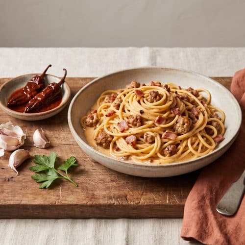 A bowl of spaghetti in a pale chipotle cream sauce with crumbled sausage and bacon, beside a dish of chipotles in adobo, garlic cloves and parsley on a wooden board
