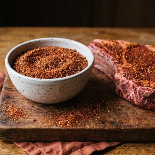 Chipotle dry rub in a speckled white bowl beside a thick raw rib eye coated with the rub on a worn wooden board