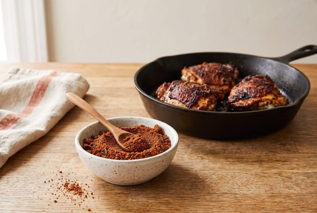 A speckled bowl of homemade jerk seasoning with a wooden spoon, in front of a cast iron skillet of seared chicken thighs