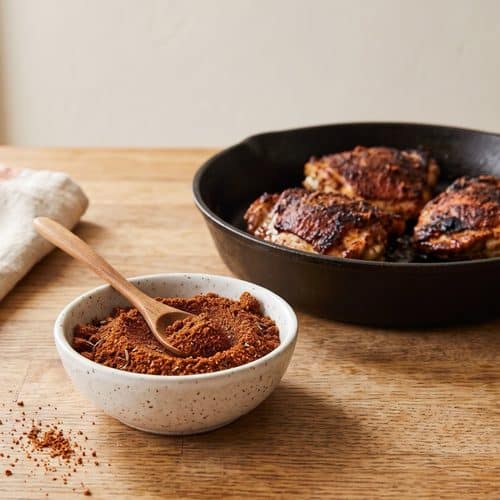 A speckled bowl of homemade jerk seasoning with a wooden spoon, in front of a cast iron skillet of seared chicken thighs
