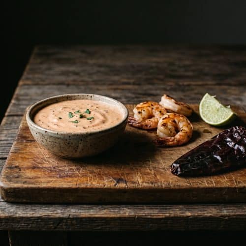 A bowl of light rust-colored ancho aioli with grilled shrimp, a lime wedge and a dried ancho chili on a worn cutting board