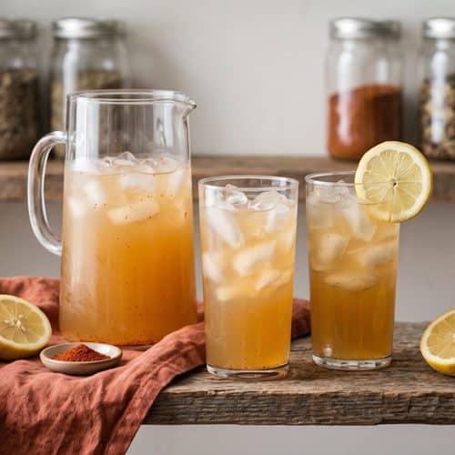 A glass pitcher and two tall glasses of iced cayenne lemonade flecked with red cayenne, a lemon wheel on one rim, halved lemons, a small dish of cayenne and a bottle of maple syrup on a wooden shelf with a terracotta cloth
