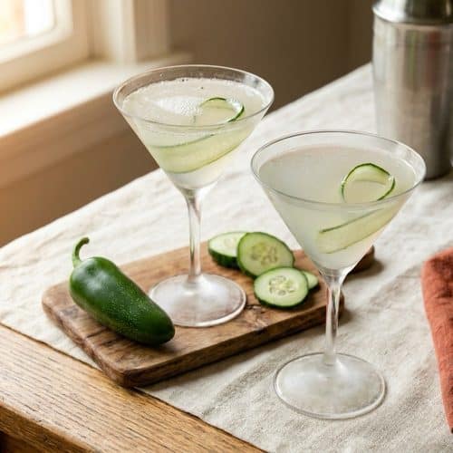 Two pale, slightly cloudy cucumber jalapeƱo martinis with cucumber ribbons in chilled glasses, on a linen-covered table by a window, beside a fresh jalapeƱo and cucumber slices on a small wooden board.