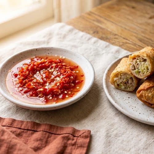 Chunky homemade Thai chili sauce with chopped red chilies in a shallow speckled bowl, next to a plate of fried egg rolls with one cut open to show the filling.