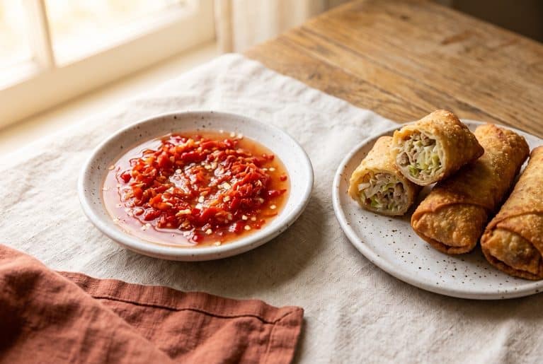 Chunky homemade Thai chili sauce with chopped red chilies in a shallow speckled bowl, next to a plate of fried egg rolls with one cut open to show the filling.