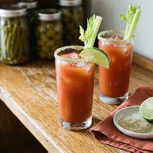 Two tall glasses of spicy Caesar cocktail over ice with celery salt rims, celery stalks and a lime wedge, on a wooden pantry shelf