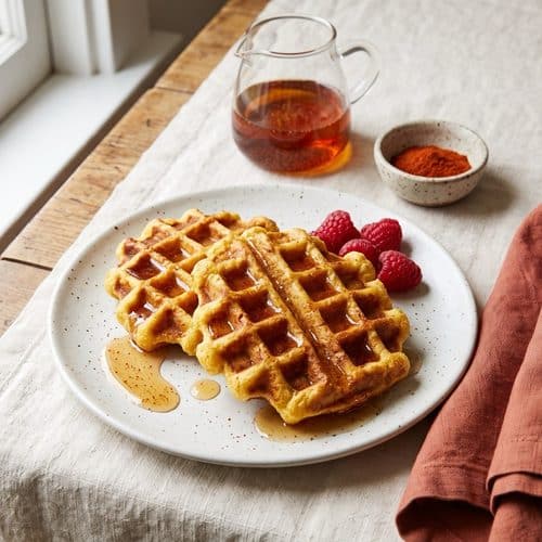 Two golden cornmeal waffles drizzled with amber maple syrup flecked with ground cayenne, with fresh raspberries, a small glass pitcher of syrup and a dish of cayenne pepper behind.
