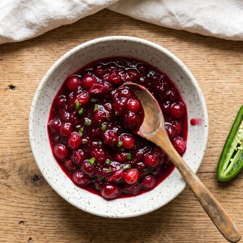 A speckled white bowl of glossy cranberry sauce flecked with minced jalapeƱo, a wooden spoon resting in it, next to half a jalapeƱo on an oak table
