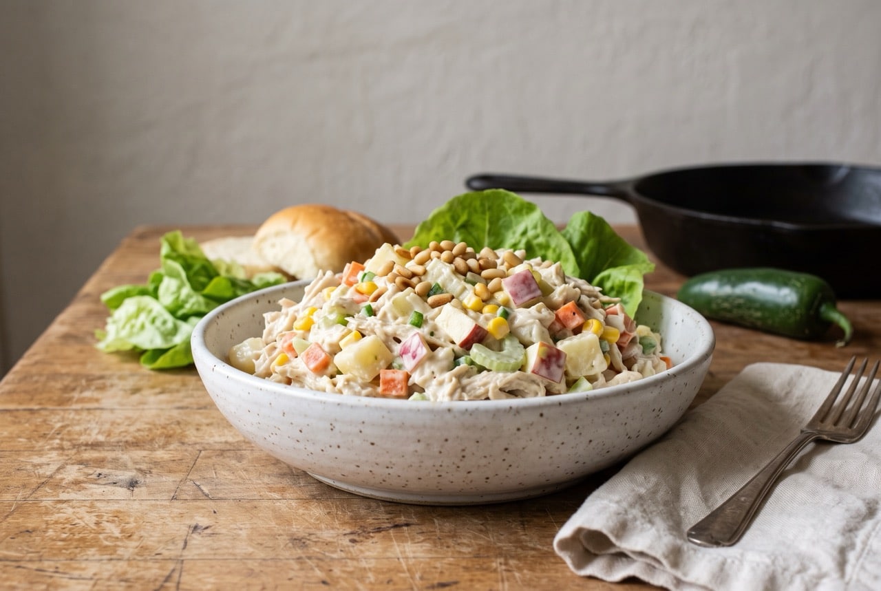 A speckled white bowl of chunky chicken salad with potato, carrot, corn, red apple, celery and diced jalapeño, topped with pine nuts, beside butter lettuce and a soft roll on a butcher-block counter