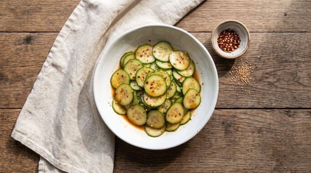 A white bowl of thinly sliced cucumbers with red pepper flakes and chili paste, next to a small dish of red pepper flakes and sesame seeds on a wooden table
