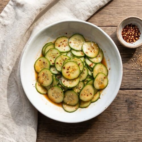 A white bowl of thinly sliced cucumbers with red pepper flakes and chili paste, next to a small dish of red pepper flakes and sesame seeds on a wooden table