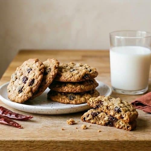 A stack of homemade spicy oatmeal raisin cookies on a speckled white plate, one broken in half to show the chewy center, beside a glass of milk and two dried red cayenne peppers on a butcher-block counter