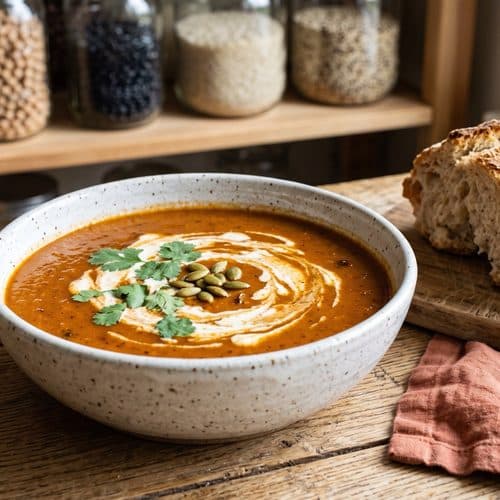 Spicy sweet potato soup in a speckled white bowl with a swirl of cream, cilantro and pepitas, next to crusty bread in front of pantry shelves