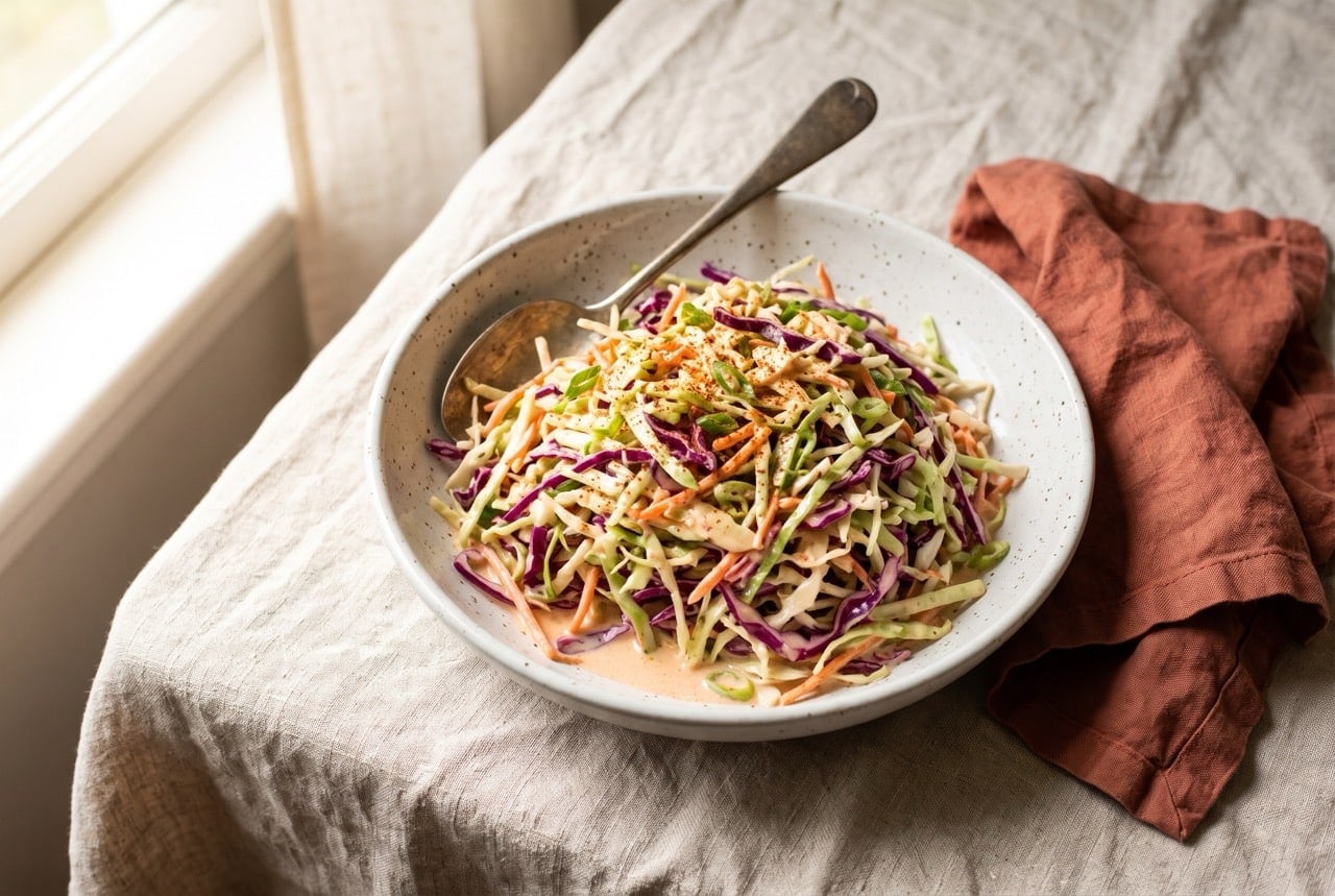 A small white bowl of creamy coleslaw with shredded cabbage and carrot on a gray wooden table
