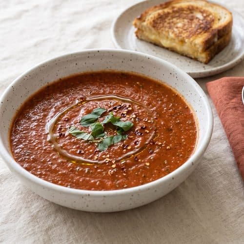 A bowl of spicy tomato soup topped with torn basil, an olive oil drizzle and red pepper flakes, with half a grilled cheese sandwich on a plate behind it