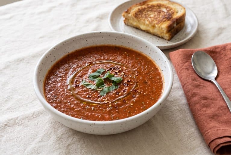 A bowl of spicy tomato soup topped with torn basil, an olive oil drizzle and red pepper flakes, with half a grilled cheese sandwich on a plate behind it