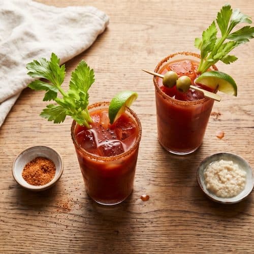 Two Bloody Marys over ice, dusted with spice and garnished with celery stalks, lime wedges and a green olive