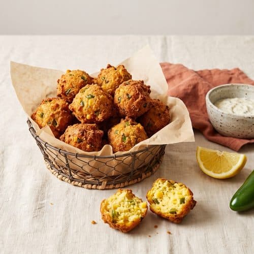 A parchment-lined basket of golden jalapeƱo hushpuppies, one broken open to show corn and jalapeƱo inside, with tartar sauce, a lemon wedge and a jalapeƱo on a cream tablecloth