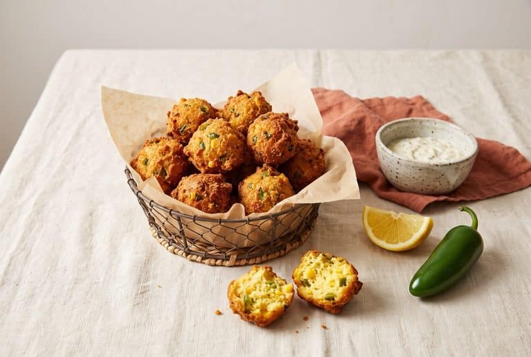 A parchment-lined basket of golden jalapeño hushpuppies, one broken open to show corn and jalapeño inside, with tartar sauce, a lemon wedge and a jalapeño on a cream tablecloth