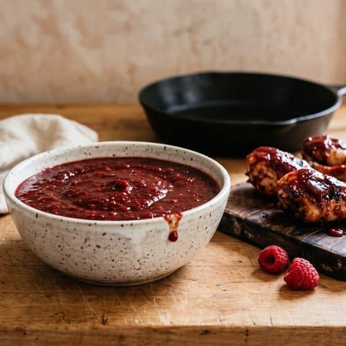 Raspberry chipotle BBQ sauce in a speckled white bowl next to glazed grilled chicken drumsticks and fresh raspberries on a butcher-block counter