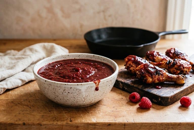 Raspberry chipotle BBQ sauce in a speckled white bowl next to glazed grilled chicken drumsticks and fresh raspberries on a butcher-block counter