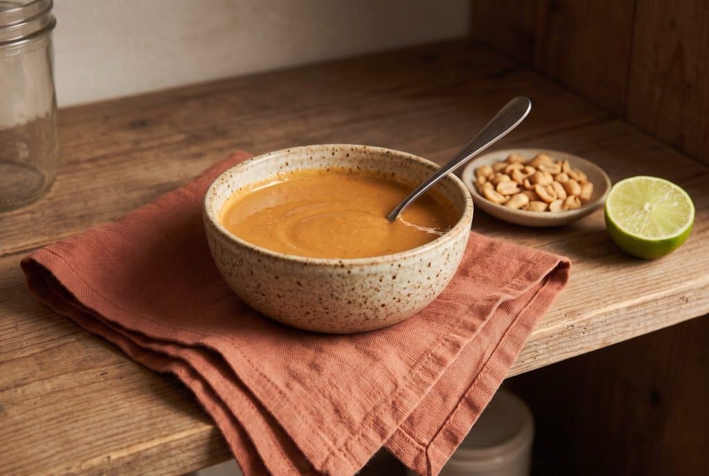A bowl of Sriracha peanut sauce with a spoon, roasted peanuts and half a lime on a pantry shelf