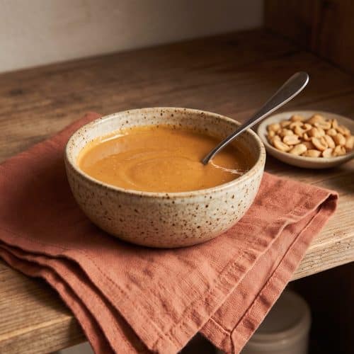 A bowl of Sriracha peanut sauce with a spoon, roasted peanuts and half a lime on a pantry shelf