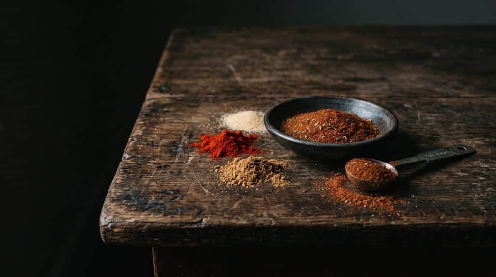 A small bowl of brick-red homemade chili powder with a measuring spoon and small piles of paprika, cumin and garlic powder on a dark farmhouse table