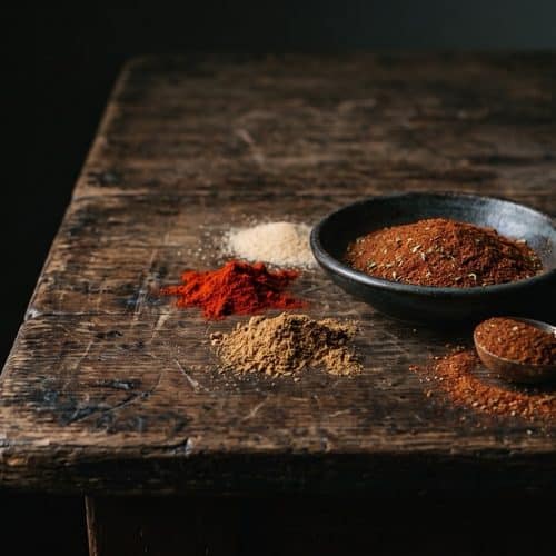 A small bowl of brick-red homemade chili powder with a measuring spoon and small piles of paprika, cumin and garlic powder on a dark farmhouse table