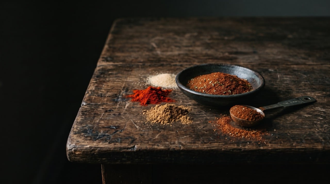 A small bowl of brick-red homemade chili powder with a measuring spoon and small piles of paprika, cumin and garlic powder on a dark farmhouse table