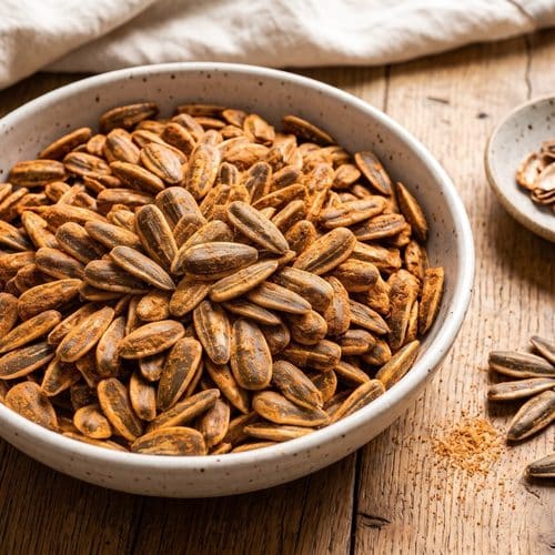 Old Bay seasoned in-shell sunflower seeds in a speckled white bowl on a wooden table, with a small dish of cracked shells