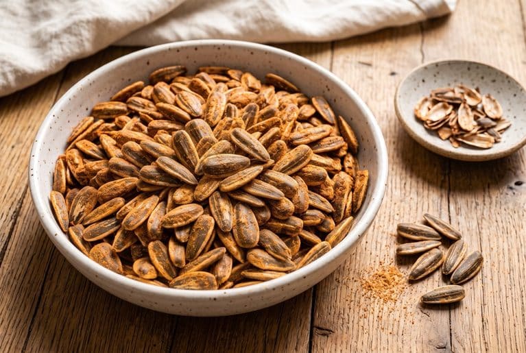 Old Bay seasoned in-shell sunflower seeds in a speckled white bowl on a wooden table, with a small dish of cracked shells