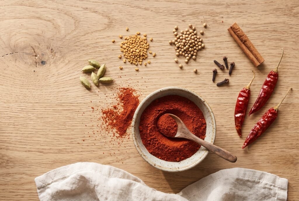 A speckled bowl of brick-red berbere spice mix with a wooden spoon, surrounded by cardamom pods, fenugreek and coriander seeds, cloves, a cinnamon stick and dried red chilies on an oak table