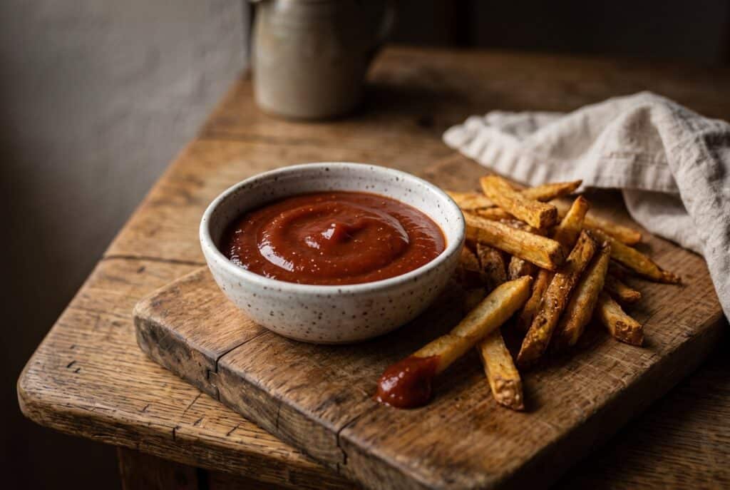 A speckled white bowl of harissa ketchup on a worn cutting board, next to a pile of crisp fries with one fry dipped in the ketchup.