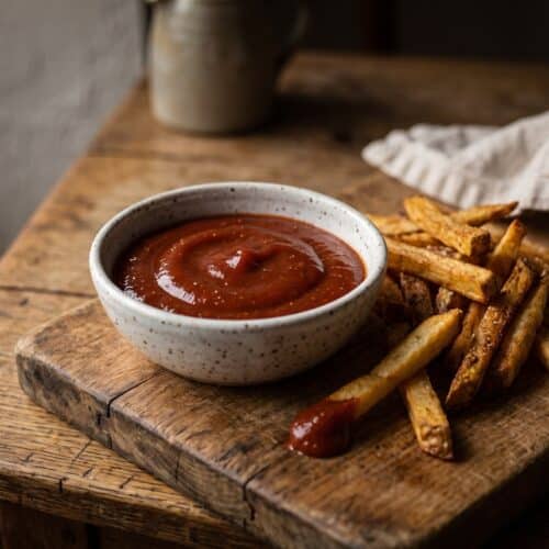A speckled white bowl of harissa ketchup on a worn cutting board, next to a pile of crisp fries with one fry dipped in the ketchup.