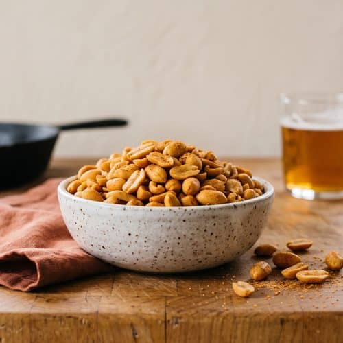 A speckled white bowl of Old Bay peanuts on a butcher-block counter, with a few loose peanuts and seasoning spilled beside it and a glass of beer in the background.
