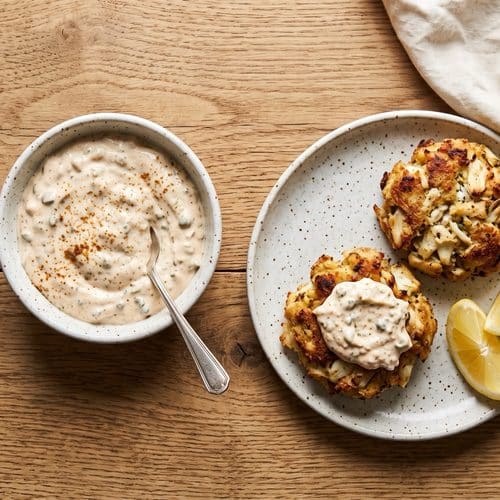 A speckled white bowl of creamy Old Bay tartar sauce flecked with relish and capers and dusted with Old Bay, beside a plate of two golden crab cakes, one topped with a spoonful of the sauce, and two lemon wedges on an oak table.