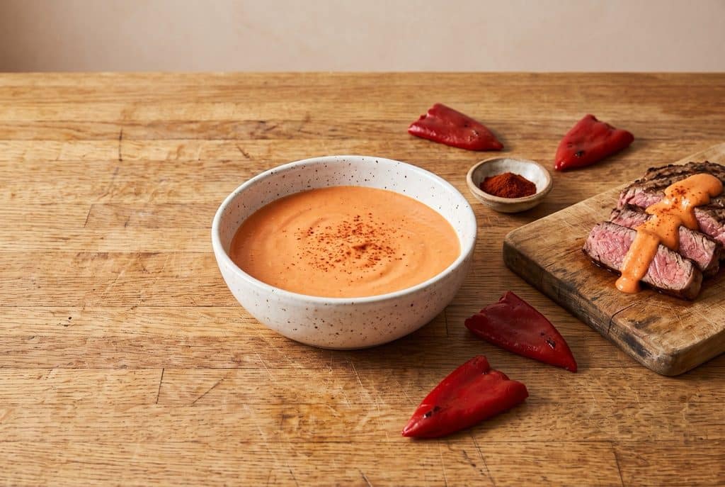 A speckled bowl of creamy coral piquillo pepper sauce beside sliced grilled steak, whole piquillo peppers and a dish of smoked paprika on a butcher-block counter