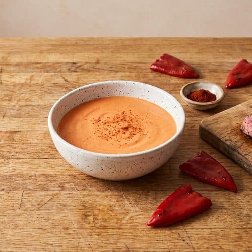 A speckled bowl of creamy coral piquillo pepper sauce beside sliced grilled steak, whole piquillo peppers and a dish of smoked paprika on a butcher-block counter