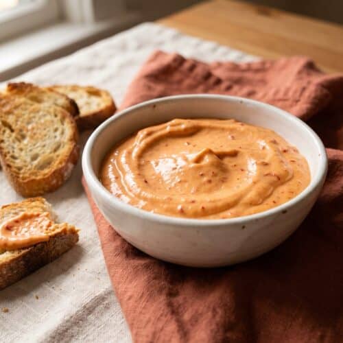 Red pepper aioli in a white bowl, with toasted bread slices, a wedge of cheese and aioli spread on toast