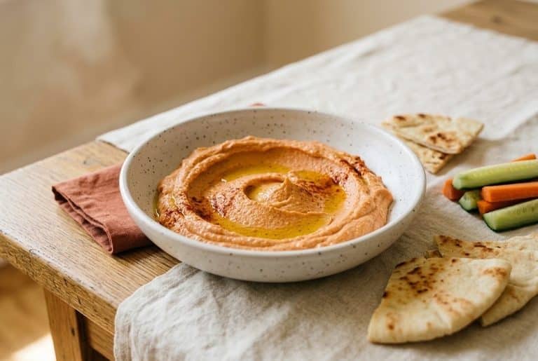 Red pepper hummus: roasted red bell pepper and smoked paprika blended into creamy hummus, sweet and smoky with barely any heat.