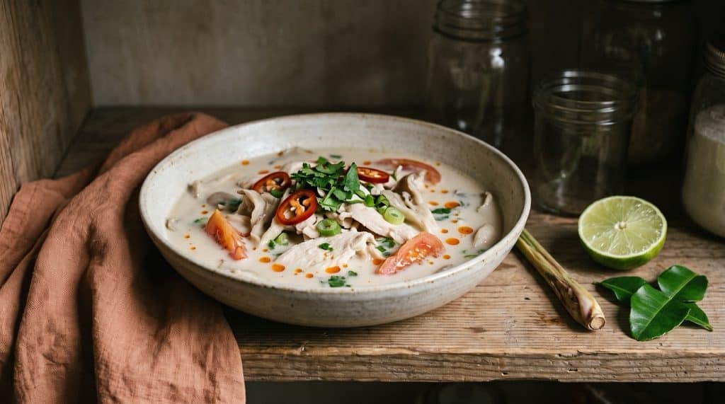A bowl of creamy Thai coconut soup with chicken, tomato, red chili and cilantro, with a halved lime, lemongrass and lime leaves on a pantry shelf